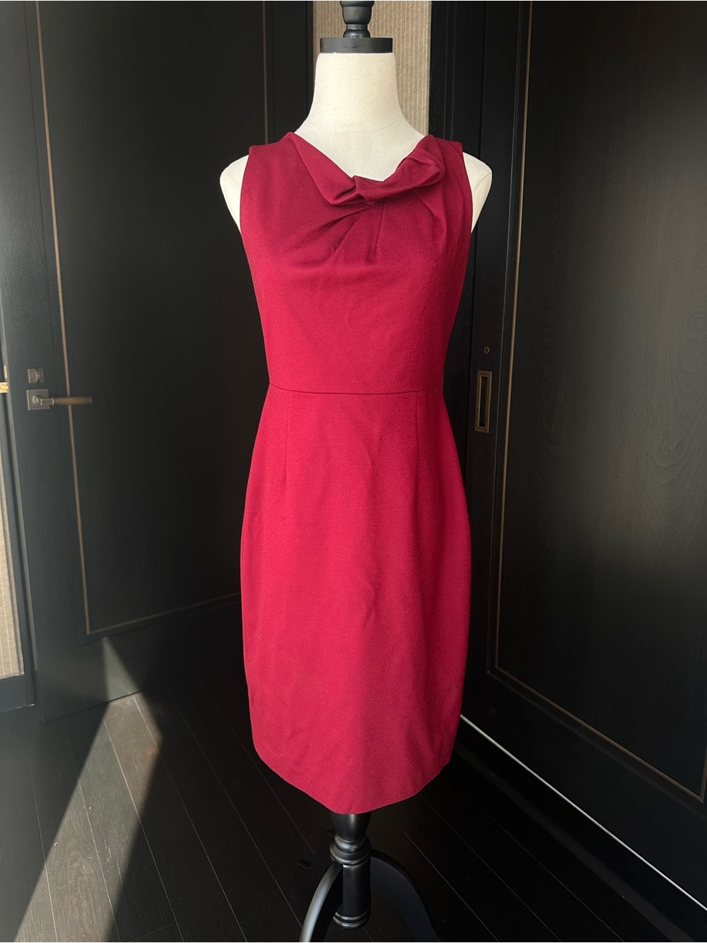 Elie Tahari Cranberry Sleeveless Sheath Dress with Ruffle-Accent Neckline